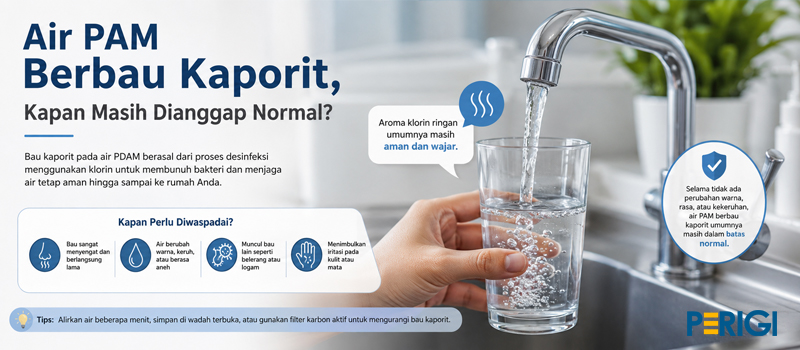 Air mengalir dari keran rumah dengan ilustrasi aroma kaporit sebagai bagian dari proses desinfeksi air PDAM.